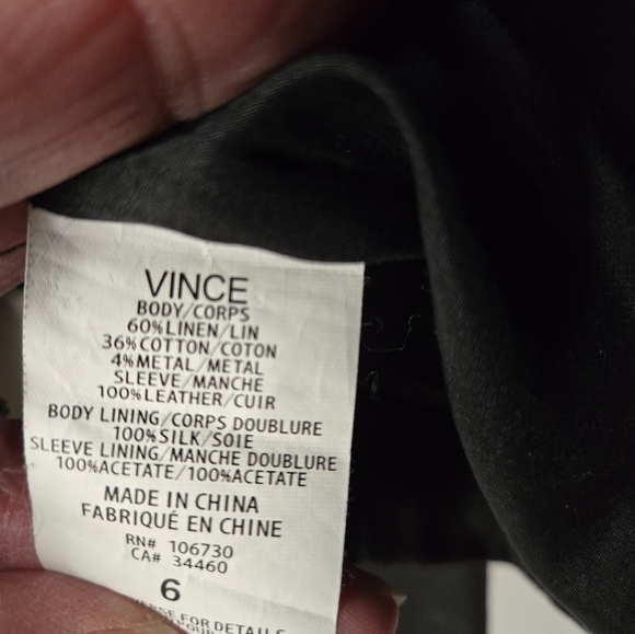 VINCE Women's Linen and Leather Black Jacket Lined in Silk. Size 6 - Picture 6 of 11